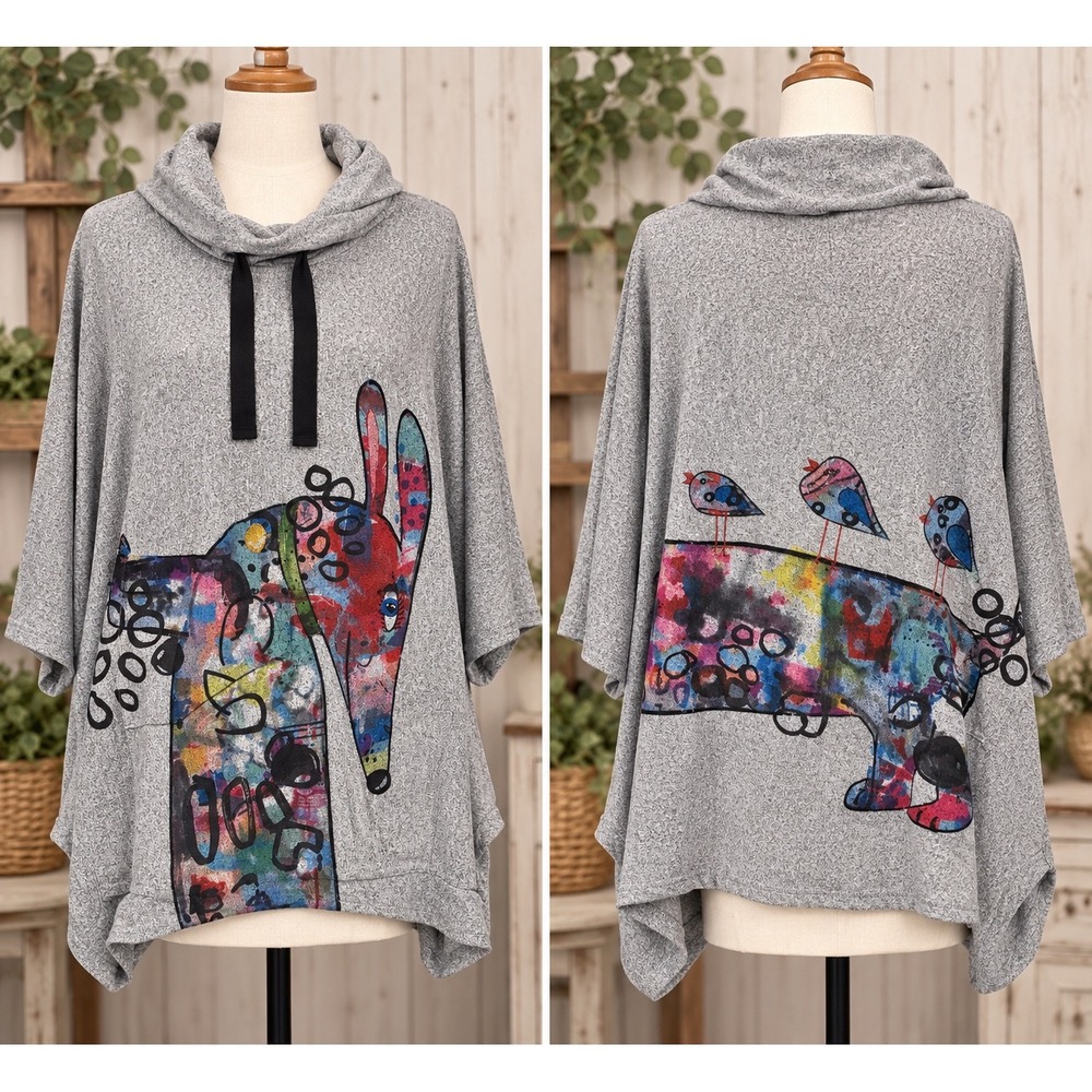 Ali Miles Abstract Dog Bird Graphic SZ 2X Tunic Top Heathered Whimsical